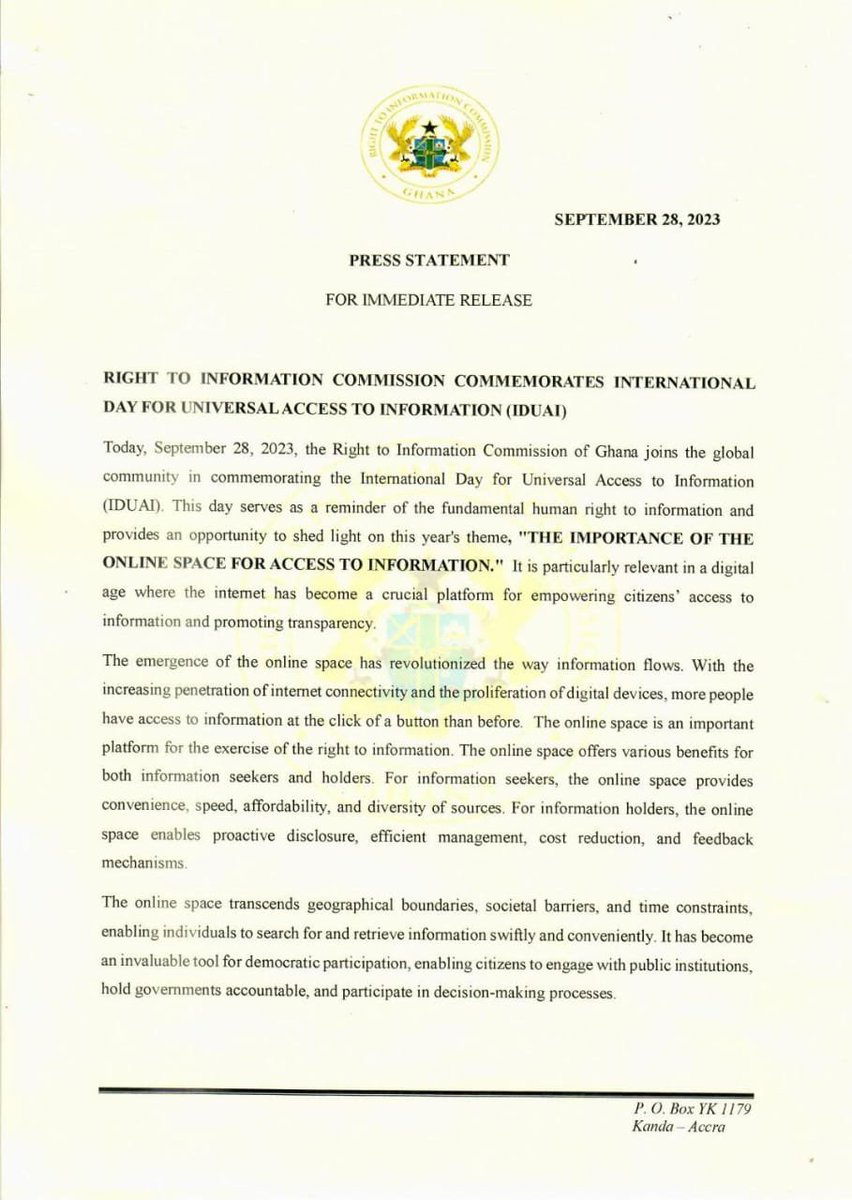 GprGhana's tweet photo. Ghana's Right to Information Commission commemorates International Day for Universal Access to Information (IDUAI) 2023.
#IDUAI2023
#RTIMonth
#GhanaPressRelease https://t.co/vZQtFQcome