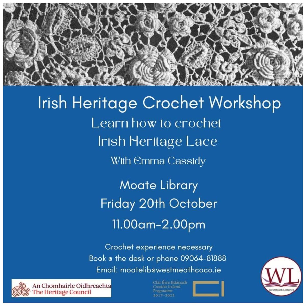 Wmeathheritge's tweet photo. Heritage lace workshop taking place in #Moate Library Friday 20th October. This workshop is being offered free of charge thanks to funding from @creativeirl
#bookingessential https://t.co/miaR5fmvDY