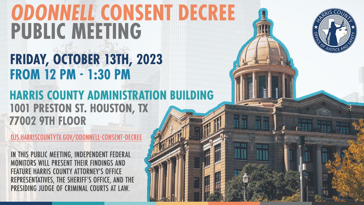 Registration is now open for the next ODonnell Consent Decree public meeting. Save the date for Oct. 13th and will also be live-streamed. 
Sign-up link: 
conta.cc/459XLyz 
#HCOdonnell #ODonnellconsentdecree #HarrisCounty