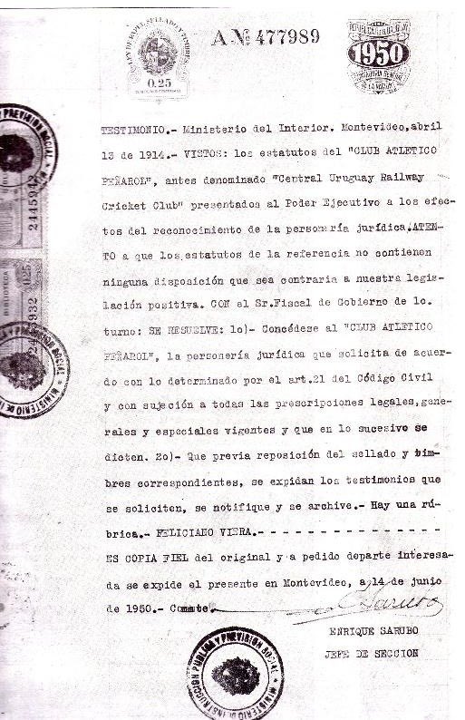detectiveAUF's tweet photo. El 13 de abril de 1914, el Poder Ejecutivo le otorgaba la Personería Jurídica al "Club Atlético Peñarol, antes denominado Central Uruguay Railway Cricket Club".

Documento público que establece la continuidad jurídica y sociológica de la asociación civil fundada en 1891 https://t.co/1jHyejE5CZ