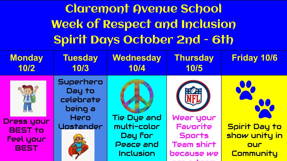 Next Week is our Week of Respect and Inclusion at Claremont Ave. We have a great week planned with plenty of Spirit Days. I can't wait to see how everyone is dressed for Picture Day on Monday!  <a href="/ClaremontAvePTO/">Claremont Ave PTO</a>