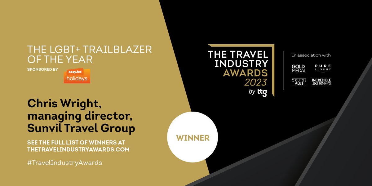 Next, it’s the LGBT+ Trailblazer Award, sponsored by <a href="/easyJetholidays/">easyJet holidays</a>! 🏳️‍🌈

Congratulations to Chris Wright (<a href="/ChrisStosWright/">Chris Wright</a>), <a href="/SunvilTeam/">Sunvil</a> for your hard work &amp; dedication to making a real change! 🙌

#TravelIndustryAwards