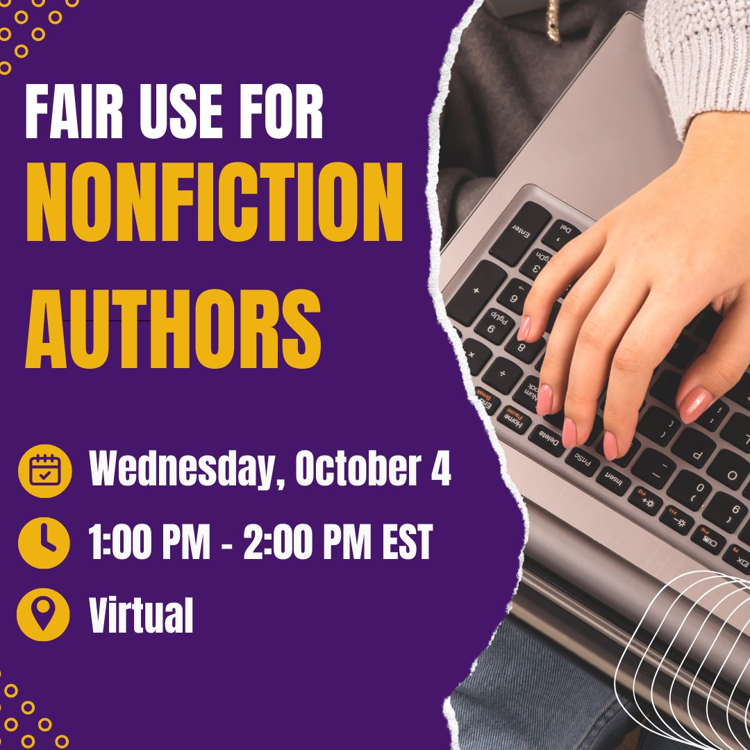 Calling all nonfiction authors! Join us on October 4th, 1:00pm - 2:00pm EST for 'Fair Use for Nonfiction Authors.' Get the scoop on using copyrighted material legally and creatively. 🖋️✨ Register here: albany.libcal.com/event/11264650 #FairUse #WritingTips #Copyright101 #UAlbany