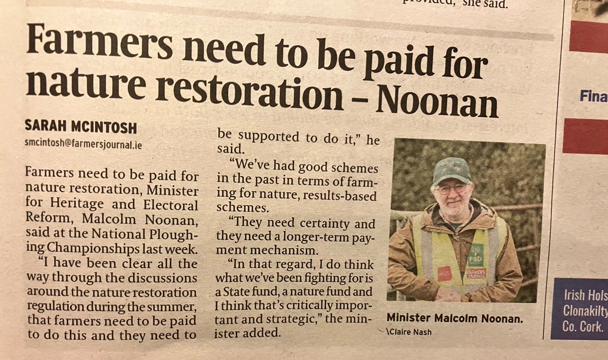 Great to see <a href="/noonan_malcolm/">Malcolm Noonan</a> acknowledge farmer need for certainty &amp; longer term payments in Agri-envt schemes plus a state nature fund. #RestoreNature <a href="/BirdLifeEurope/">BirdLife Europe & Central Asia</a> <a href="/Green_Europe/">European Environmental Bureau</a> <a href="/WWFEU/">WWF EU</a>