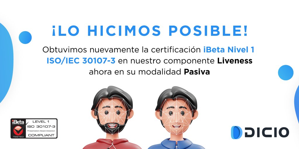 Dicio_AI's tweet photo. ¡Estamos emocionados! En #DICIO hemos obtenido la #certificacioniBeta Quality Assurance Level 1 por segunda vez en nuestro producto “Liveness” ahora en un modelo “Pasivo”, reforzando nuestra posición como líderes en seguridad biométrica en México. #SeguridadBiométrica https://t.co/VW5ctox3Wn