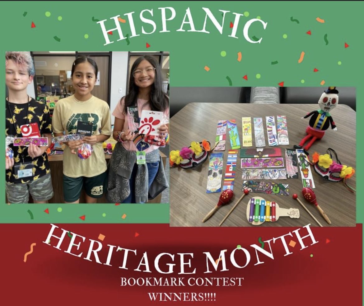 HumbleISD_ARMS's tweet photo. Celebrating the amazing winners of our Hispanic Heritage Month bookmark contest! #SpreadingTheLoveForLiterature&amp;Heritage! Thanks ⁦@ARMSPTO⁩ for donating gift cards &amp; goody bags to our winners! https://t.co/BBcB26nxS6