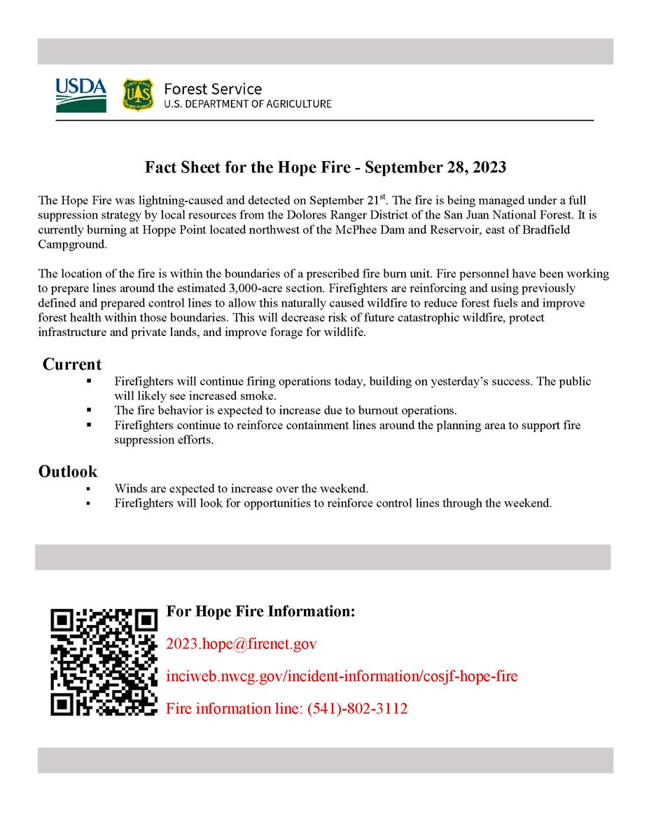 SanJuanNF's tweet image. Firefighters will continue firing operations on the 90-acre Hope Fire today, burning NW of McPhee Reservoir. Smoke will increase this afternoon and a helicopter will be in the vicinity. Hunters and recreationists are advised to avoid the area. Inciweb: inciweb.nwcg.gov/incident-infor…