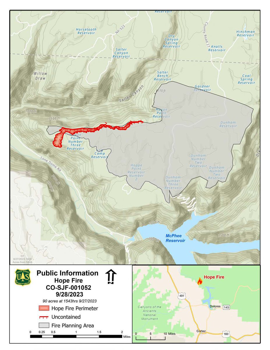 SanJuanNF's tweet image. Firefighters will continue firing operations on the 90-acre Hope Fire today, burning NW of McPhee Reservoir. Smoke will increase this afternoon and a helicopter will be in the vicinity. Hunters and recreationists are advised to avoid the area. Inciweb: inciweb.nwcg.gov/incident-infor…
