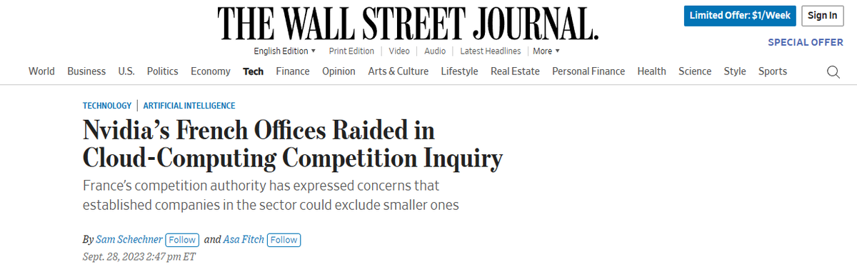 <a href="/gurgavin/">GURGAVIN</a> This one?
The article reports that Nvidia’s offices in France were raided by the competition authority on suspicion of anticompetitive practices in the cloud-computing sector.
The article says that Nvidia is the leading supplier of artificial intelligence chips, which are used
