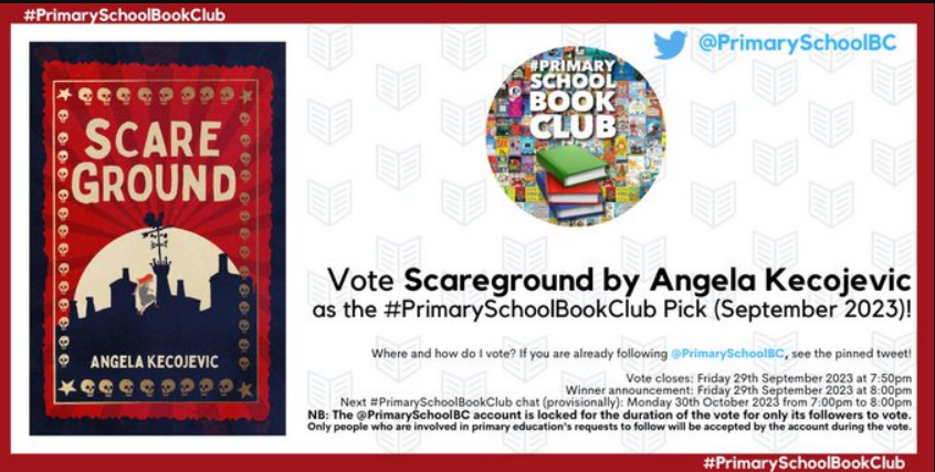 Vote for me! I'm delighted that Scareground has been included in the #PrimarySchoolBookClub September 2023 vote this evening. Head to @PrimarySchoolBC
and vote for it using the pinned tweet!🎠☠️🎩          Dare YOU enter the gates of the Scareground? @NeemTreePress