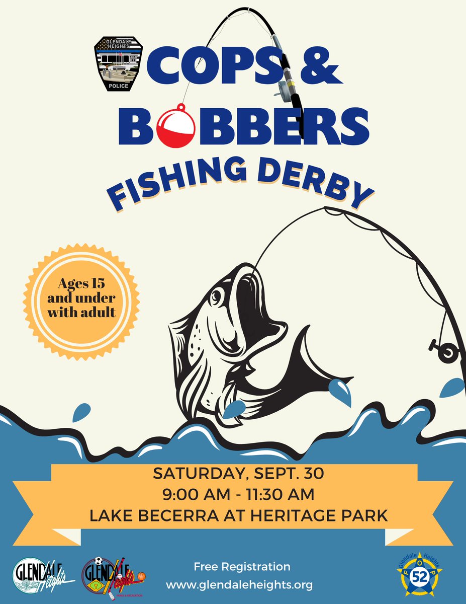 GHPoliceDept's tweet photo. Join the #GHPD and the Village of Glendale Heights for the annual Cops and Bobbers Fishing Derby! Registration starts at 9:00 am at Lake Becerra at Heritage Park. https://t.co/wGkFz0ZaFd