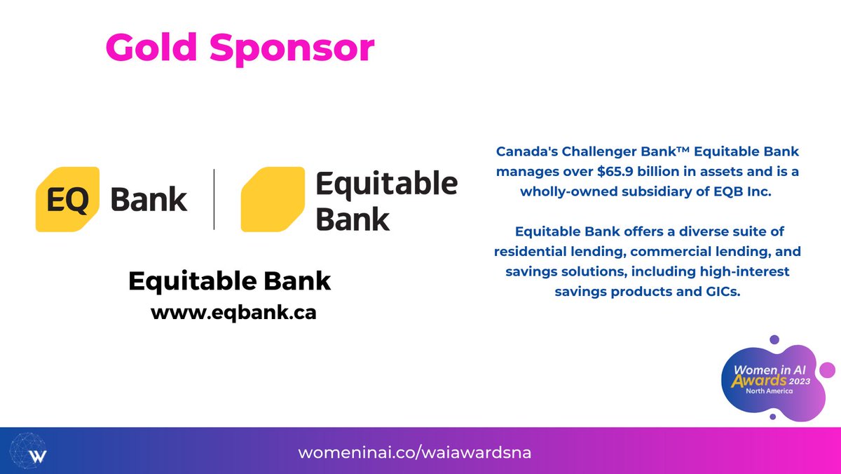 Women in AI Awards NA (@waiawardsna) on Twitter photo ๐ขPresenting <a href="/EQBank/">EQ Bank</a> as the ๐๐จ๐ฅ๐ ๐๐ฉ๐จ๐ง๐ฌ๐จ๐ซ for
<a href="/WAIAwardsNA/">Women in AI Awards NA</a> 2023. โจ Canada's Challenger Bankโข Equitable Bank manages over $65.9 billion in assets and is a wholly-owned subsidiary of EQB Inc.
Learn more: eqbank.ca
bit.ly/WaiAwardsNA23
<a href="/BigDataAITO/">Big Data and AI Toronto</a> ๐ขPresenting <a href="/EQBank/">EQ Bank</a> as the ๐๐จ๐ฅ๐ ๐๐ฉ๐จ๐ง๐ฌ๐จ๐ซ for
<a href="/WAIAwardsNA/">Women in AI Awards NA</a> 2023. โจ Canada's Challenger Bankโข Equitable Bank manages over $65.9 billion in assets and is a wholly-owned subsidiary of EQB Inc.
Learn more: eqbank.ca
bit.ly/WaiAwardsNA23
<a href="/BigDataAITO/">Big Data and AI Toronto</a>