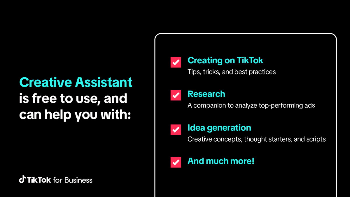 TikTokBusiness's tweet photo. NOW AVAILABLE: Creative Assistant is here to support your video creation journey! 🚀

Try out TikTok's newest tool for business 👉 🔗 https://t.co/e1Lt62qxP1 https://t.co/Vn0GfL8ct8