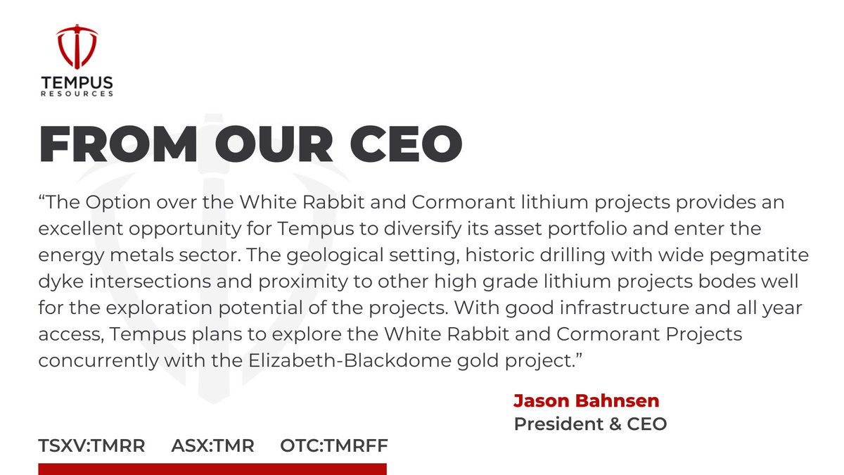 TempusAmericas's tweet photo. With the option over the White Rabbit &amp; Cormorant #lithium projects, $TMRR now has the opportunity to enter the energy metals sector.

We plan to explore these assets concurrently with the Elizabeth-Blackdome gold project.

Full CEO comments: https://t.co/LE0K3sv55R

$TMRFF $TMR https://t.co/48eIREkp8q
