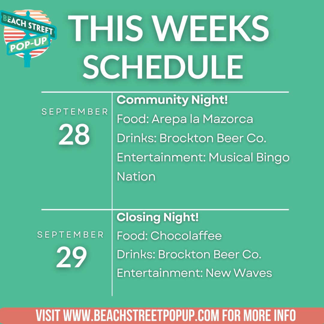 RevereBeach1896's tweet photo. This week's schedule for the Beach Street Pop-Up! Join us tonight from 5-9 p.m. for a great time!
#revere #reverebeach #beergarden #foodtrucks #localbusiness #bostonthingstodo https://t.co/dycEZ34gH3