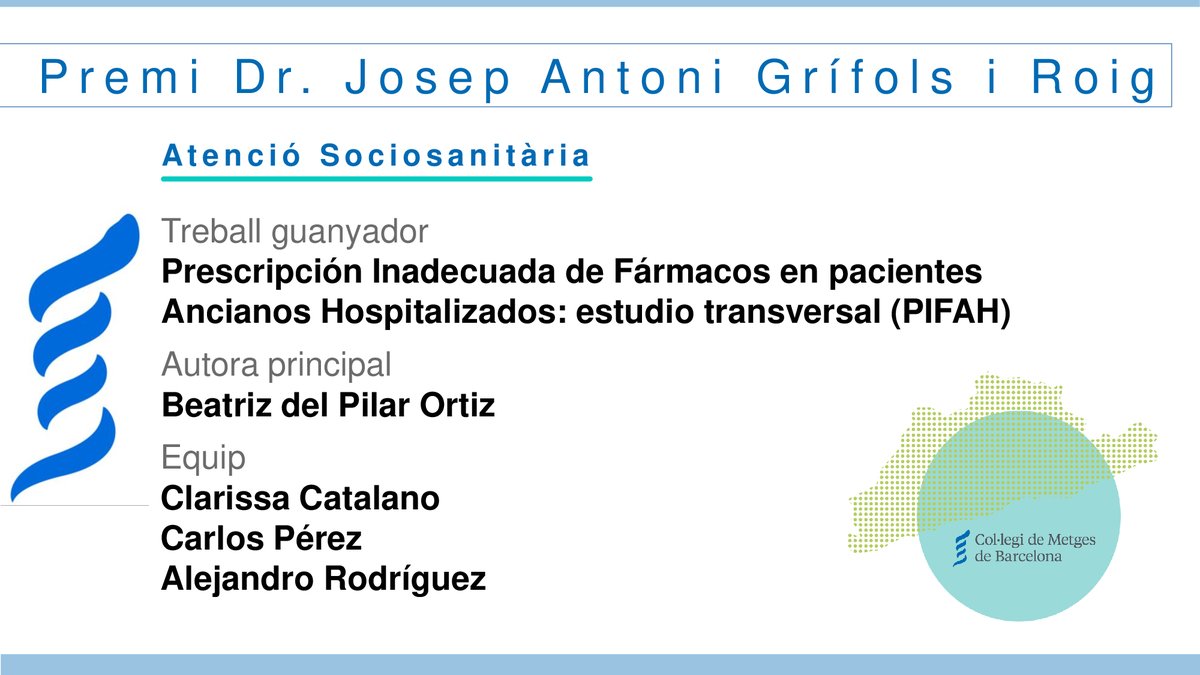 COMBarcelona's tweet photo. @mar_petit 🏆Categoria d’Atenció Sociosanitària a Beatriz del Pilar Ortiz Naranjo i equip. Recull el premi en el seu nom Mar Riera.
#ActeProfessioCoMB https://t.co/R2MYnePjDA