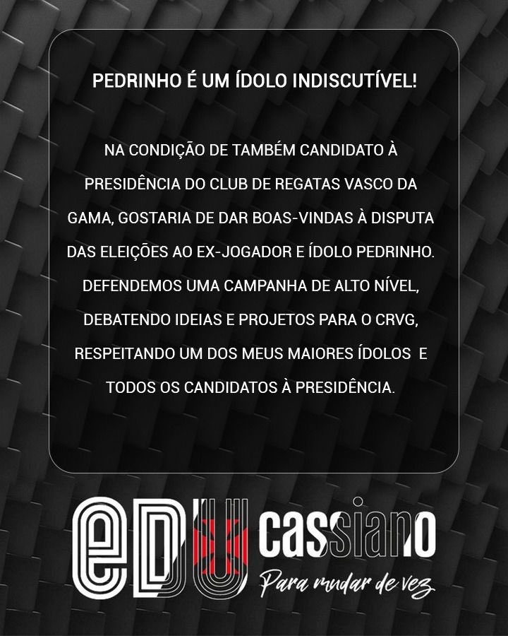 EduCassiano2023's tweet photo. Chega de política agressiva e bélica no pleito eleitoral vascaíno. Eu entendo que esse será um dos principais recados que nós, como candidatos, devemos demonstrar ao eleitor.(+) https://t.co/uzq4NbM6Tf