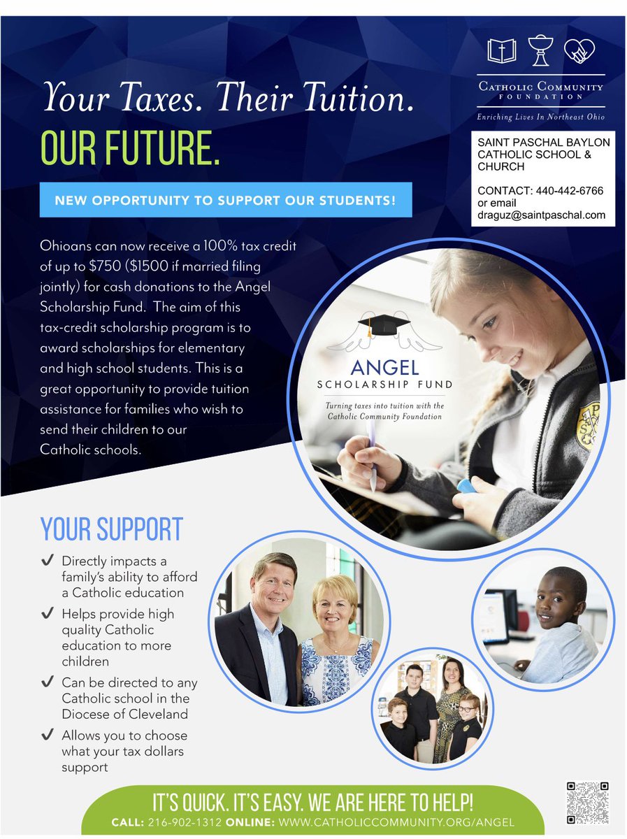 stpaschalbaylon's tweet photo. Ohioans can now receive a 100% tax credit of up to $750 ($1,500 if married filing jointly) for cash donations to the Angel Scholarship Fund. This is a great opportunity to support our award winning students! https://t.co/K3BeSg1qMk