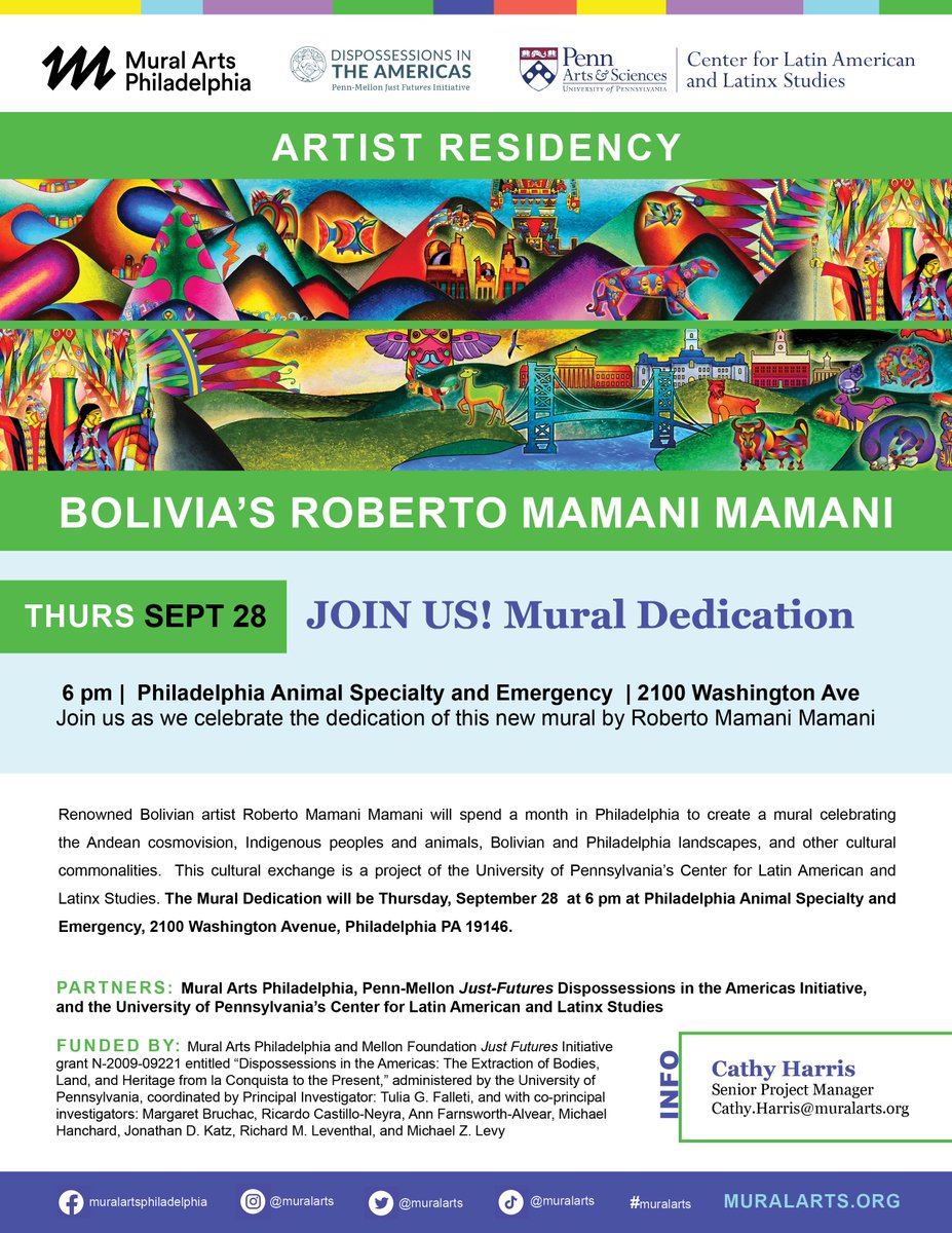 Dispossessions in the Americas Research Team (@penn_diart) on Twitter photo TODAY 6PM: Mural dedication <a href="/PASEVets/">Philadelphia Animal Specialty & Emergency (PASE)</a> on 2100 Washington Ave. Don't miss this wonderful event to celebrate Philly's most recent mural by Bolivian artist Roberto "Mamani Mamani" in collaboration with <a href="/muralarts/">Mural Arts</a> and <a href="/CLALS_UPENN/">CLALS</a>. TODAY 6PM: Mural dedication <a href="/PASEVets/">Philadelphia Animal Specialty & Emergency (PASE)</a> on 2100 Washington Ave. Don't miss this wonderful event to celebrate Philly's most recent mural by Bolivian artist Roberto "Mamani Mamani" in collaboration with <a href="/muralarts/">Mural Arts</a> and <a href="/CLALS_UPENN/">CLALS</a>.