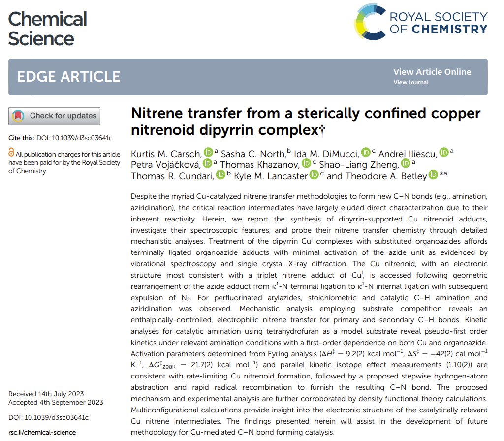 Congrats to Dr. Kurtis Carsch for his recently published paper, "Nitrene transfer from a sterically confined copper nitrenoid dipyrrin complex" in Chem Sci! Check it out here... doi.org/10.1039/D3SC03…