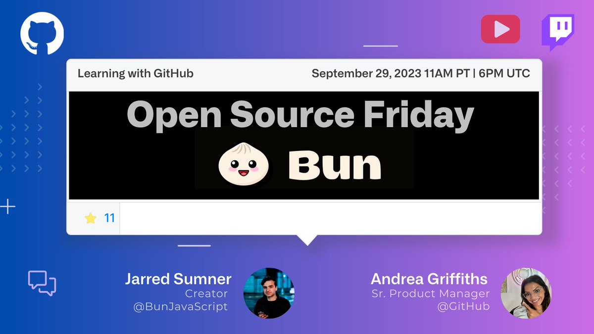 🚀 Join us for #OpenSourceFriday! Hosted by @alacolombiadev 🌟 featuring @jarredsumner, creator of @bunjavascript an all-in-one toolkit for lightning-fast JavaScript & TypeScript development.

📅 Tomorrow at 2pm ET on twitch.tv/github
RSVP here: gh.io/bun