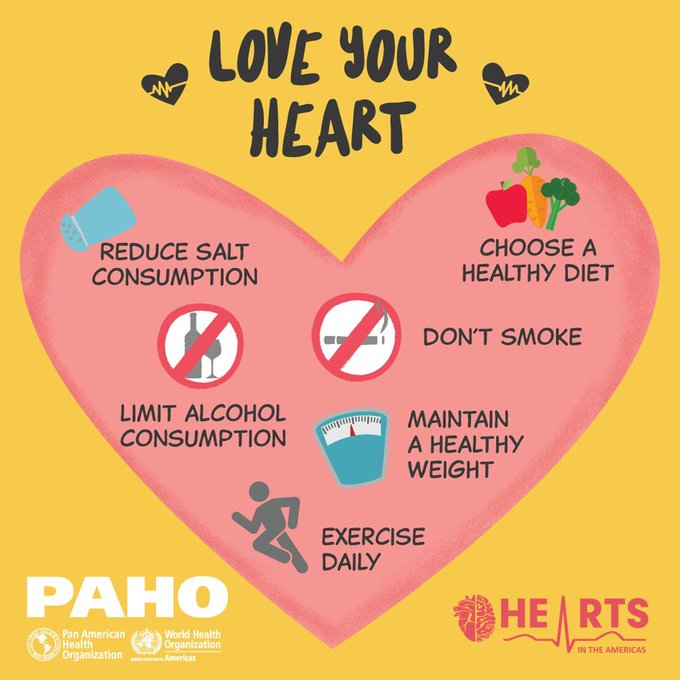Friday is #WorldHeartDay. The risk of cardiovascular disease can be reduced by: 🥗🍎 eating a healthier diet 🏃🏽‍♀️ increasing physical activity 🚭 quitting tobacco 🥃 avoiding harmful consumption of alcohol More from @WHO : who.int/news-room/fact…