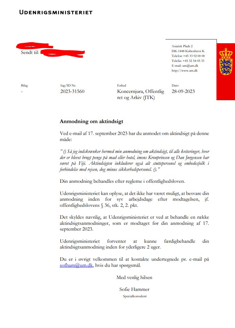 Statsstyret's tweet photo. Jeg har gennem flere måneder forsøgt at få aktindsigt i @DanJoergensen tur til Fiji. Udenrigsministeriet har gjort alt hvad de har kunne, for at forhindre mig i at få den aktindsigt.
Seneste skud fra dem er at bryde Offentlighedslovens §36, stk. 2.
#dkpol #dkmedier #lovbrud https://t.co/W8DEXsWdZL