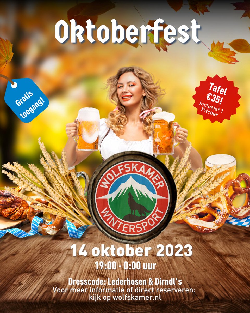 Oktoberfest, Voor leden en niet-leden.

Op 14 oktober is het dan weer eindelijk zo ver. Het Wolfskamer Wintersport Oktoberfest!   Voor slechts €35 reserveer je een tafel voor 8 personen, inclusief 1 gratis pitcher. De dresscode is Lederhosen en Dirndl's.
wolfskamer.nl/oktoberfest-20…