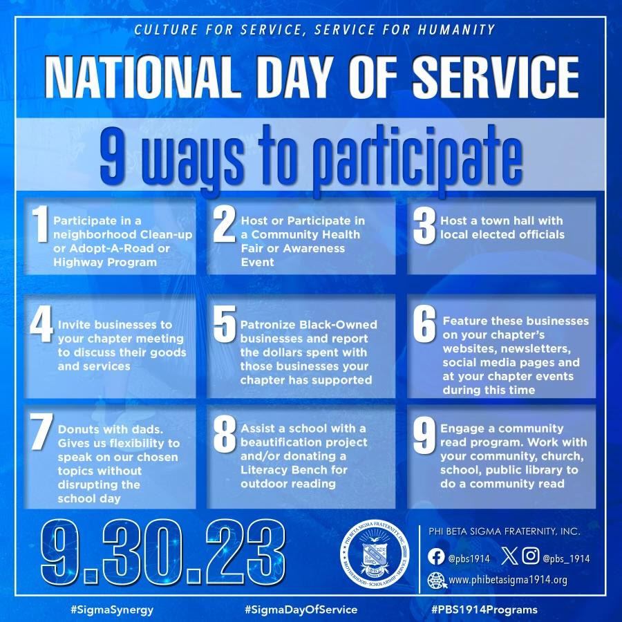 pbsthesigmalife's tweet photo. We're calling on ALL SIGMAS to participate in the National Sigma Day of Service on September 30, 2023!
#pbs1914 #socialaction #sigmadayofservice #Sigma109 https://t.co/6WHosifpYV