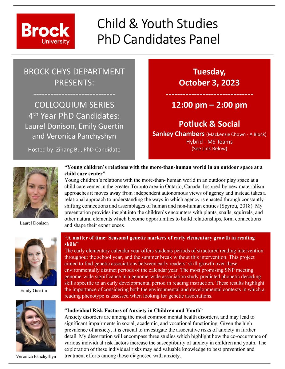 BrockUCHYS's tweet photo. Please join us for our 1st Colloquium Event of the 2023-2024 school year! We have our 4th year PhD Candidates, @LaurelDonison, Emily Guertin and Veronica Panchyshyn, presenting their research.
Email chysgpd@brocku.ca for the meeting link. @BrockUniversity @BrockUFOSS #CHYS https://t.co/MmifKaGZ2W