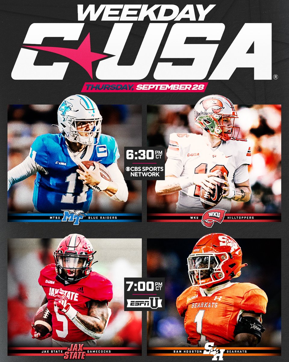 ConferenceUSA's tweet photo. WEEKDAY CUSA 🏈

The wait for more football is almost over!

#NoLimitsOnUs