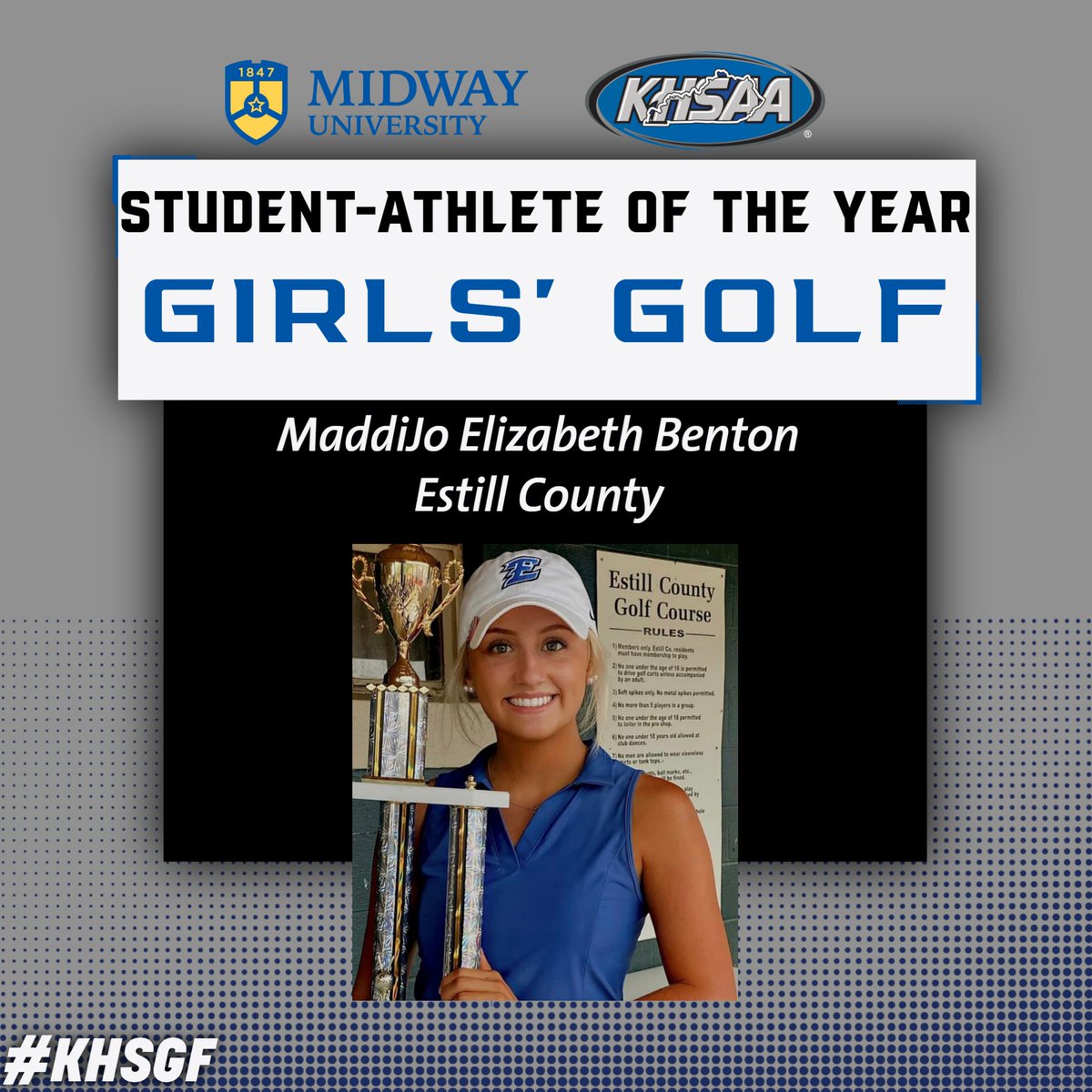 KHSAA Main (@khsaa) on Twitter photo Congratulations to the 2023 Midway University/KHSAA Girls' Golf Student-Athlete of the Year – MaddiJo Elizabeth Benton (Estill County)
<a href="/MidwayUniv/">Midway University</a>
#khsgf Congratulations to the 2023 Midway University/KHSAA Girls' Golf Student-Athlete of the Year – MaddiJo Elizabeth Benton (Estill County)
<a href="/MidwayUniv/">Midway University</a>
#khsgf
