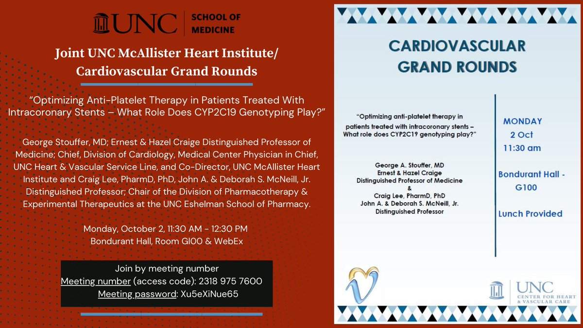 UNCCardiology's tweet photo. George Stouffer, MD, and Craig Lee, PharmD, PhD, will be our first speakers for Cardiology Grand Rounds this academic year, October 2. @UNC_SOM @UNCDeptMedicine @UNC_Health_Care #CardioEd  
Join from the meeting link:
https://t.co/ewoxFYNJB9 https://t.co/SR2WQaxPw2