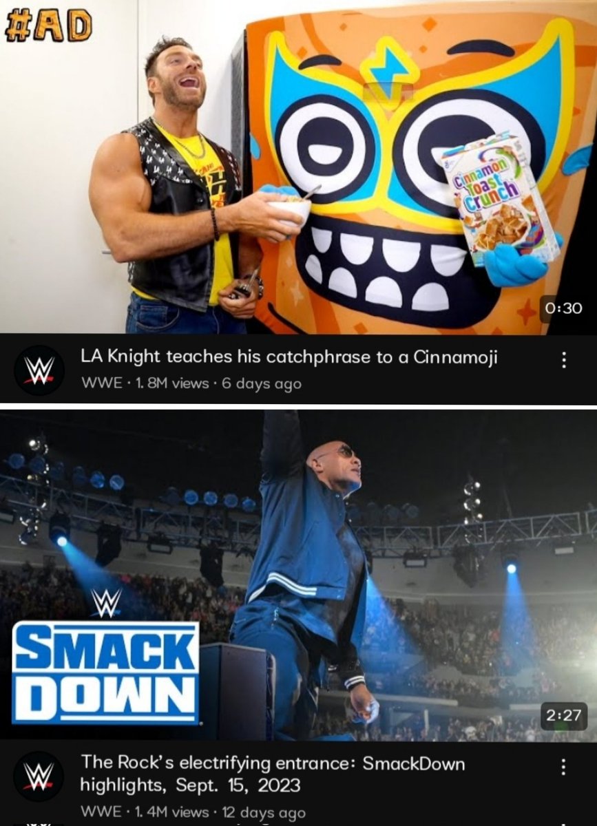 WrestlingHumble's tweet photo. LA Knight cutting a promo with a cereal has more views on YouTube than the Rock's return to WWE after nearly four years. https://t.co/qoFL6TtTle