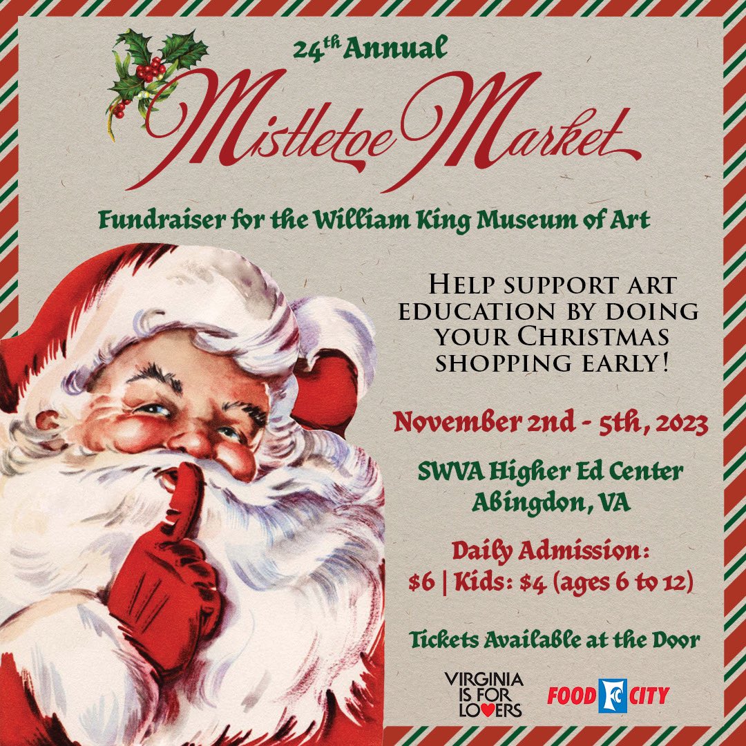 Get ready to jingle and mingle at WKMA’s 24th Annual Mistletoe Market! 🎅🛍️ 

Support the William King Museum of Art while finding the perfect gifts! 

#MistletoeMarket #wkma #williamkingmuseumofart