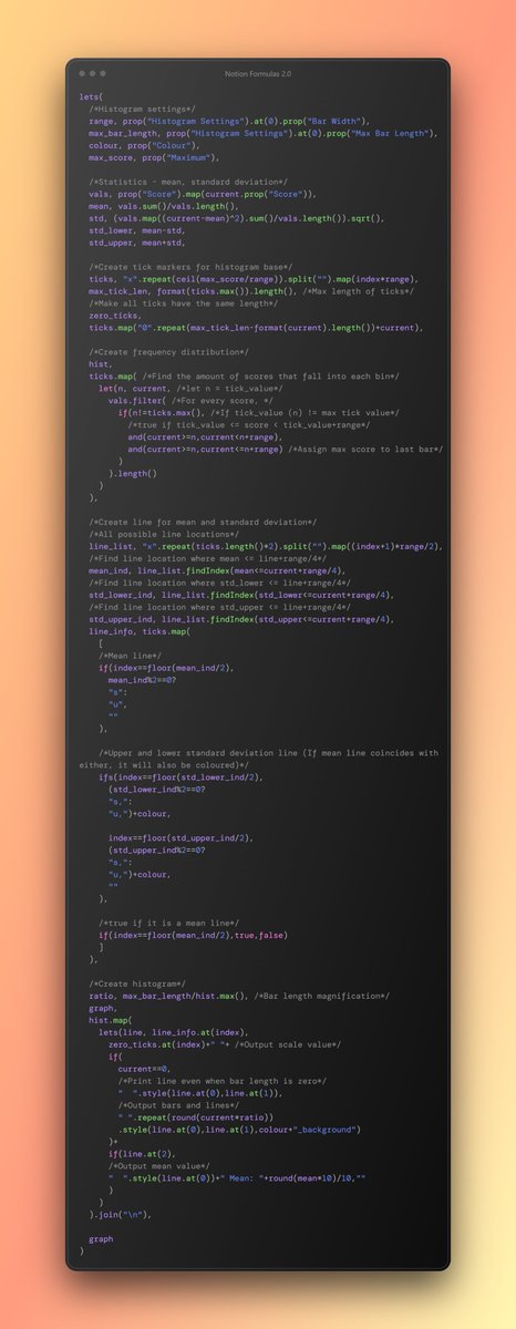 PurpleNotion's tweet image. Day 12: Histogram

What you&apos;ll need: 3 Databases
1. Subjects: a Select prop for colour, a # prop for max score
2. Score: a # prop for scores
3. Histogram Settings: 2 # props for Bar Width &amp;amp; Max Bar Length
Relate 2. &amp;amp; 3. to 1.

Use-case: For all you stats nerds 💜