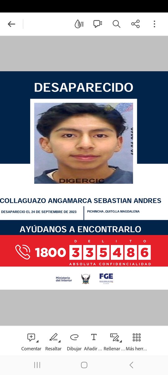 AsfadecEc's tweet photo. 🛑 #AyúdanosAEncontrarlo
SEBASTIÁN COLLAGUAZO
ℹ️ 23 años
➡️ Desaparecido desde el  24 de septiembre del 2023, en Quito. 
El joven fue visto por última vez, por la pista del skate del Colegio Amazonas. 

Por favor, si lo has visto comunícate a: 0992872742 (Asfadec) O al ECU 911. https://t.co/va2wyx2rC4
