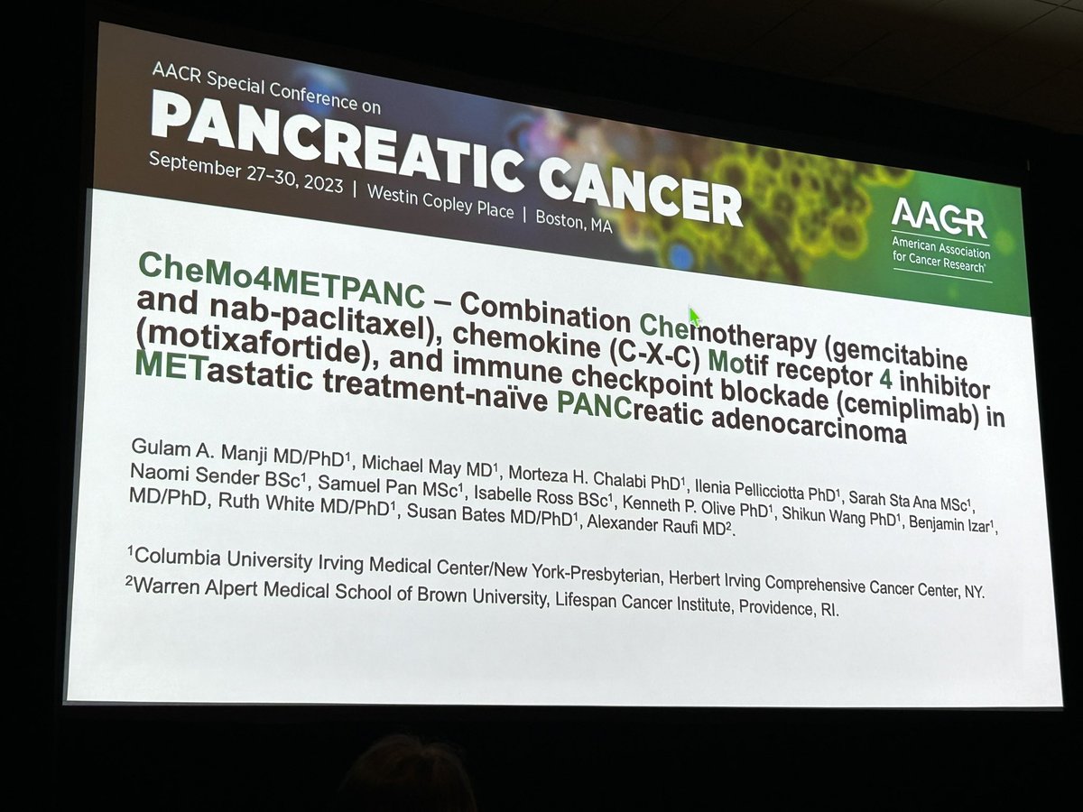Aiims1742's tweet photo. #AACRPan23 talk by Dr. Gulam Manji @columbiacancer on CheMoMETPANC 👉🏽 gemcitabine plus nab-paclitaxel + motixafortide (CXCR4 antagonist) + cemiplimib in advanced #PancreaticCancer. Responses observed in both primary & metastatic sites, with 64% partial responses & 27% stable disease. All patients in the trial received paired biopsies for deep correlative studies. Now moving to randomized phase 2.