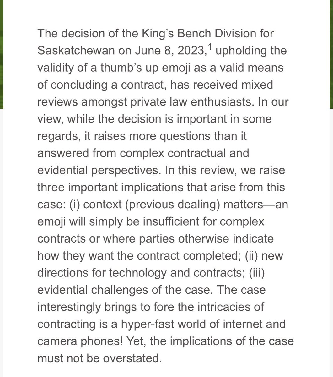 2023 summer was fun for #contract &amp; #evidence enthusiasts globally cuz of the 👍🏿 emoji decision in South West Terminal Ltd. v Achter Land.  

In this <a href="/DalhousieLJ/">DLJ</a> extended Blog, <a href="/RobCurrieMusic/">@robcurriemusic</a> &amp; I reflect on its Contractual and Evidential Implications. 

blogs.dal.ca/dlj/2023/09/28…