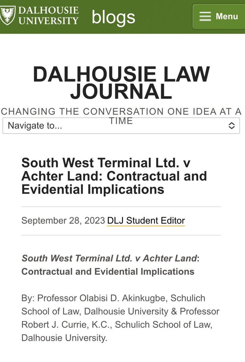 bisi_akins's tweet photo. 2023 summer was fun for #contract &amp; #evidence enthusiasts globally cuz of the 👍🏿 emoji decision in South West Terminal Ltd. v Achter Land.  

In this @DalhousieLJ extended Blog, @RobCurrieMusic &amp; I reflect on its Contractual and Evidential Implications. 

https://t.co/qzj2Y3S1pV https://t.co/DKtikorKZU