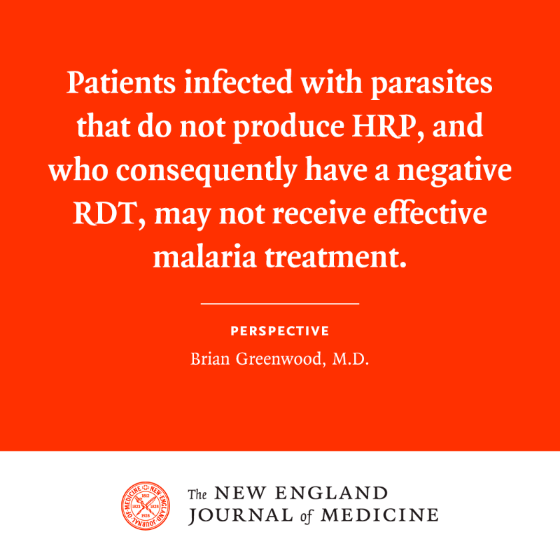 NEJM's tweet photo. Progress in malaria control in some countries in sub-Saharan Africa is challenged by several new threats, including artemisinin-resistant P. falciparum parasites with deletions in hrp2 or hrp3. Read the full Perspective by Brian Greenwood, M.D., from @LSHTM: