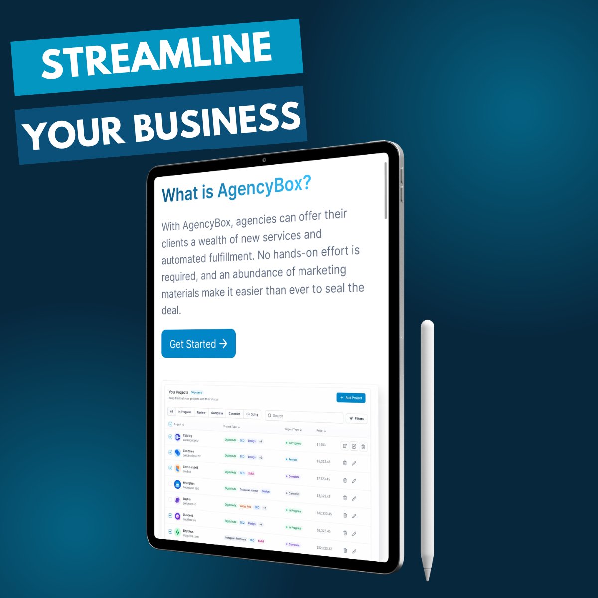 Streamline your business operations with AgencyBox 🚀. Our all-in-one solution is designed to simplify your workflow, so you can focus on what you do best - growing your business. Say goodbye to complexity and hello to efficiency! 💼✨ 

#AgencyBox #StreamlineYourBusiness
