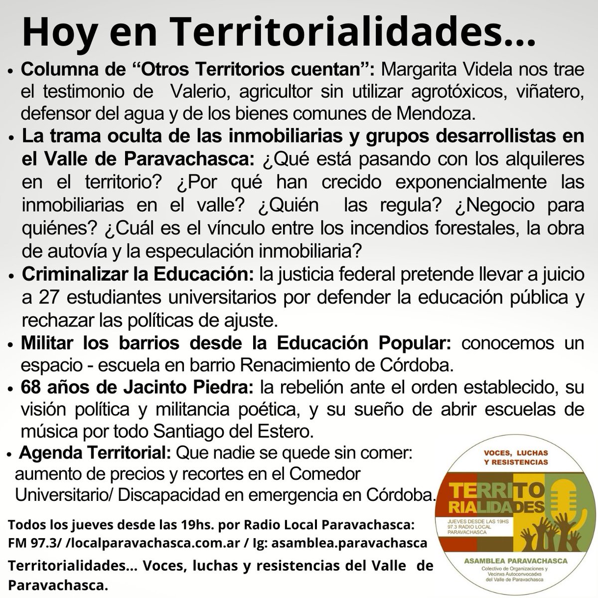 AsambleaParava1's tweet photo. Territorialidades a las 19hs. por Radio Local Paravachasca: https://t.co/D4IFovDmoW https://t.co/RMx7w4iTEC