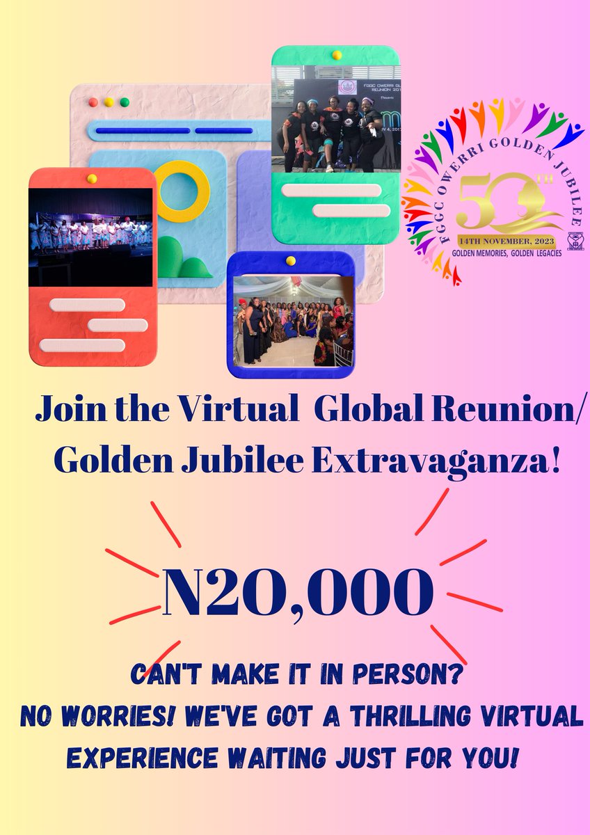 FggcOld's tweet photo. *VIRTUAL PARTICIPATION*

📅 Date: 1ST to 5TH NOVEMBER,  2023
🌐 Where: Your Favorite Device!

Registration Fee: N20,000

Deadline: 10TH OCTOBER

Account: UBA 2298524082

Name: FGGC Owerri Registration Account 

Narration:  [Your Name] Virtual Participant https://t.co/Nx60Yfr5ii