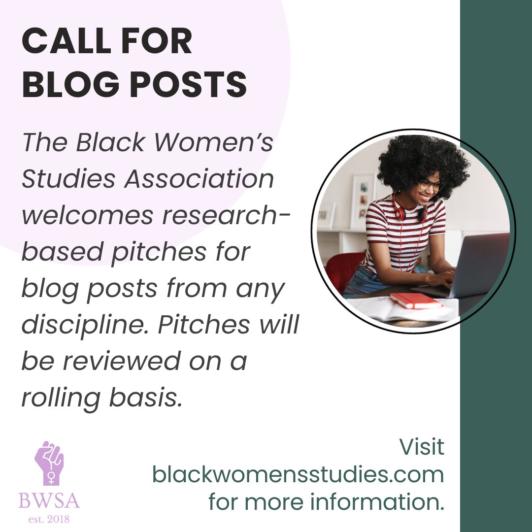 blkwomenstudies's tweet photo. Announcement! 🗣️The Black Women's Studies Association is excited to relaunch our BWSA blog this fall with a rolling call for blog posts. Visit https://t.co/sne2cr1cTW for more information. https://t.co/c8bf2UJgmd