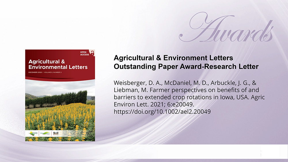Congrats to J Arbuckle & team for A&EL's 2023 Outstanding Research Letter! Farmer perspectives on benefits of & barriers to extended crop rotations in Iowa, USA doi.org/10.1002/ael2.2… #OpenAccess @IowaStateU @Soil_Plant_IXNs @IowaFarmPoll @AgCCHANGE @Jfullstop @wileyplantsci
