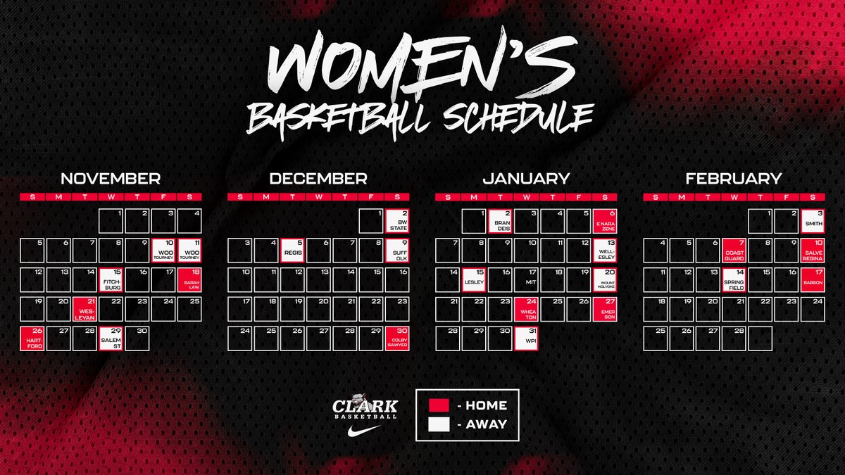 ClarkAthletics's tweet photo. Women's Basketball Unveils 2023-24 Schedule

2️⃣5️⃣ Total Games, 1️⃣1️⃣ Home, 1️⃣4️⃣ Away

Open at the Worcester City Tournament on November 10

📰 https://t.co/0wrgnZ4O2o

#RollCougs https://t.co/DfGu6bteHa