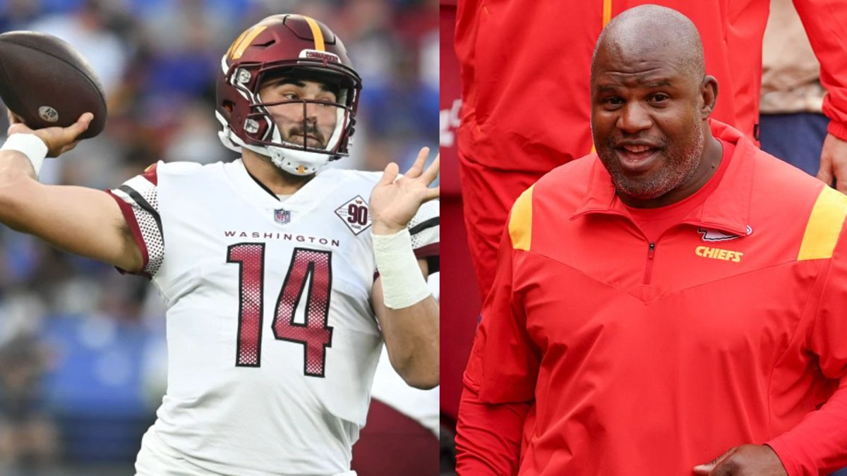 NFL_DovKleiman's tweet photo. Update: #Commanders Offensive Coordinator Eric Bieniemy he will "Clean up the s--t" on offense following the team's 37-3 loss to the #Bills 
 
QB Sam Howell had 4 INTs and 0 TDs, while taking 9 sacks. Bieniemy says it is his job to clean it.

"My job is to make sure that, you know what? That doesn’t happen again. My job is to clean up the s--t and we continue moving forward."

https://t.co/2hywzReTOs