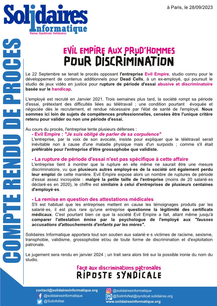 ⚖️Evil Empire aux prud'hommes

Il y a quelques jours se tenait le procès opposant Evil Empire, connu pour Dead Cells, à un ex-employé, qui poursuit le studio en justice pour rupture de période d’essai discriminatoire basée sur le handicap.

solidairesinformatique.org/2023/09/28/evi…
