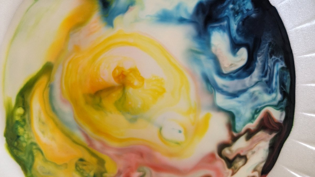 Bree_Gage's tweet photo. We call these pieces STEAM'd Milk, our 5th graders explored the dance of hydrophobic molecules with milk, soap, and food coloring. #steam #stem #stemed #wearepbv #propertiesofmatter #Science #art #mattermatters https://t.co/71KGAp893v
